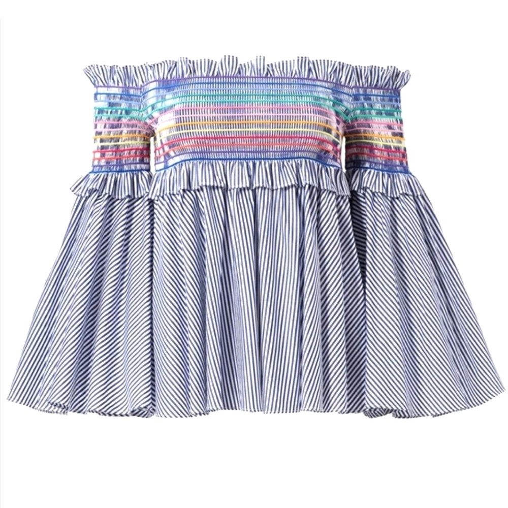 Petersyn Blue Colorful‎ striped  Davenport Sz . M Crop top w Bell Sleeve
